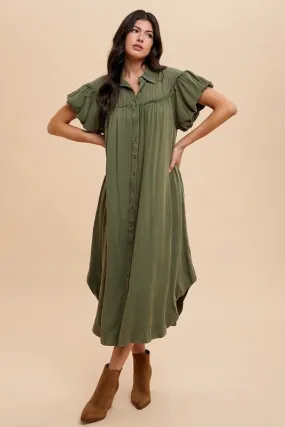 Green Mineral Washed Button-Down Puff Sleeve Shirt Dress