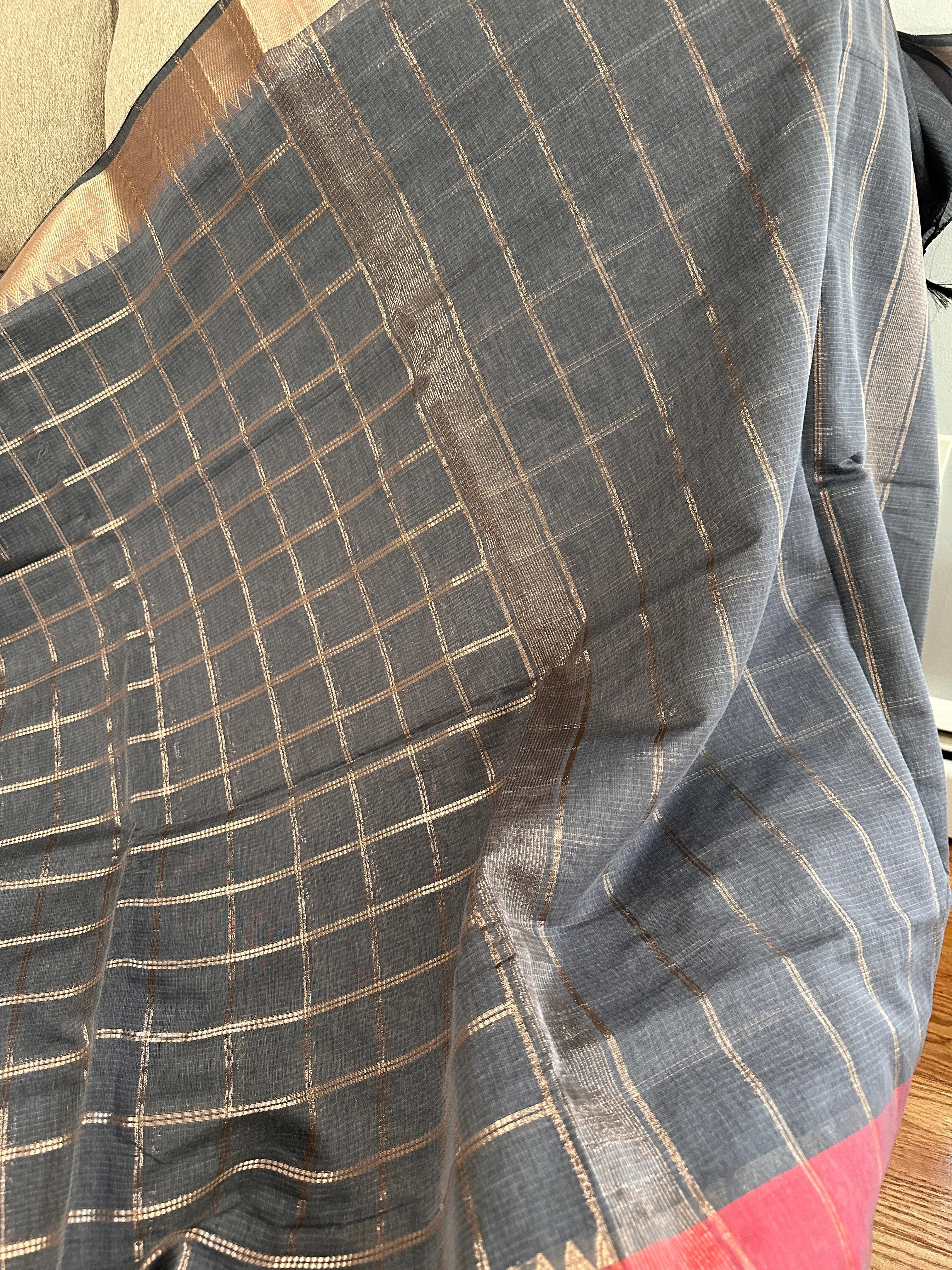 Grey Soft Sico Checks with Pochampally Border Casual Wear Saree