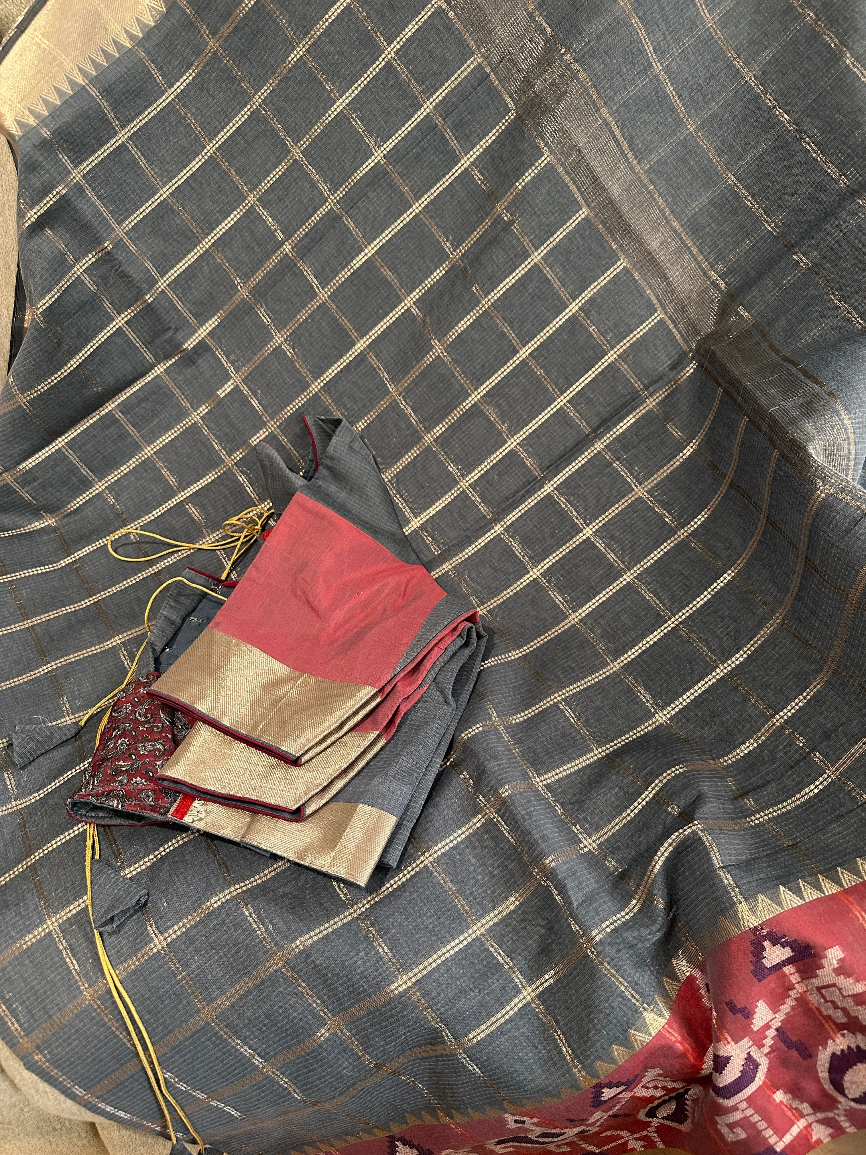 Grey Soft Sico Checks with Pochampally Border Casual Wear Saree