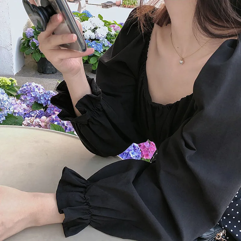 Korean Style Solid Slim Sexy Blouses