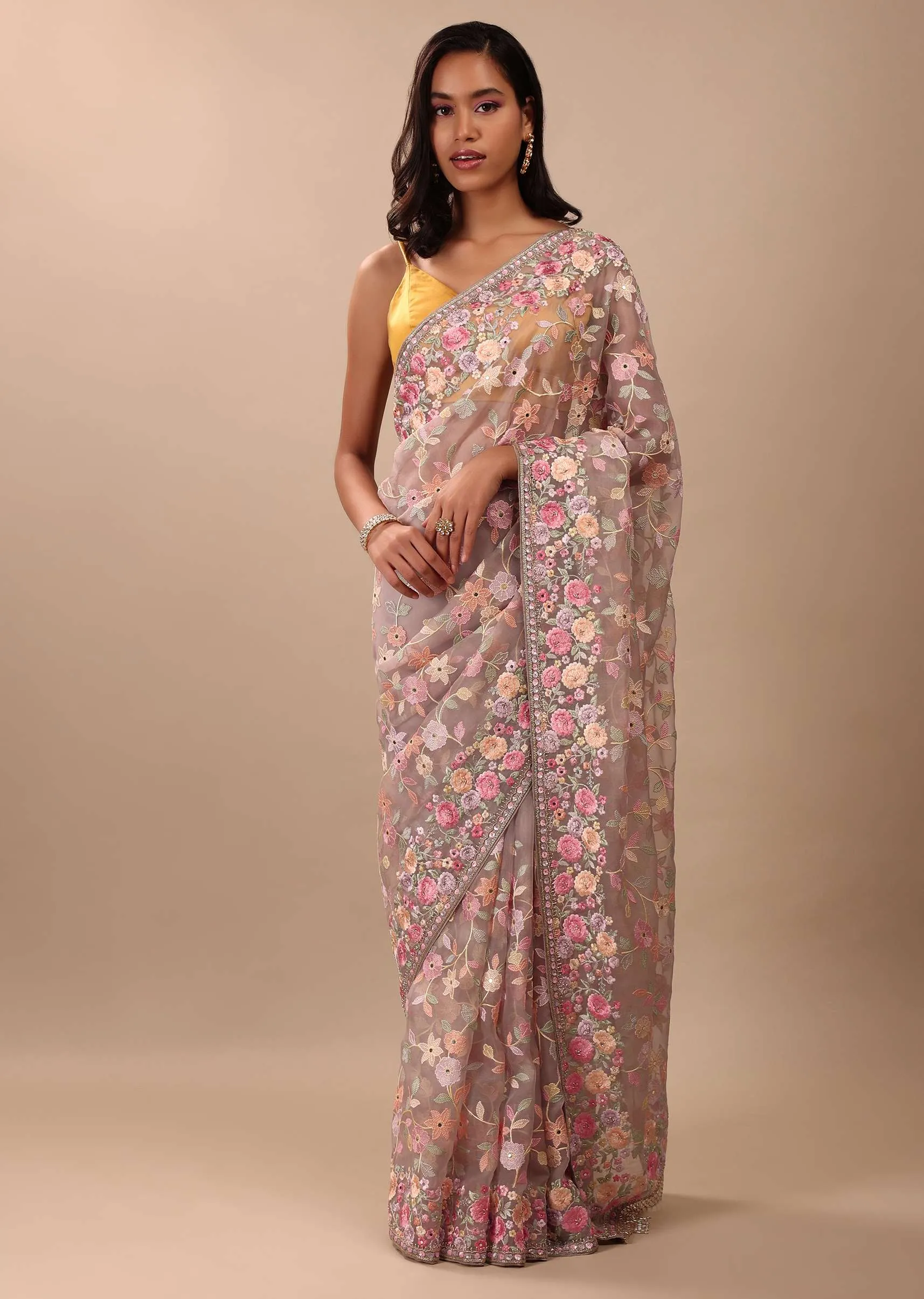 Mauve Purple Saree In Organza With Heavy Embroidery And A Tassel Jaal Pallu