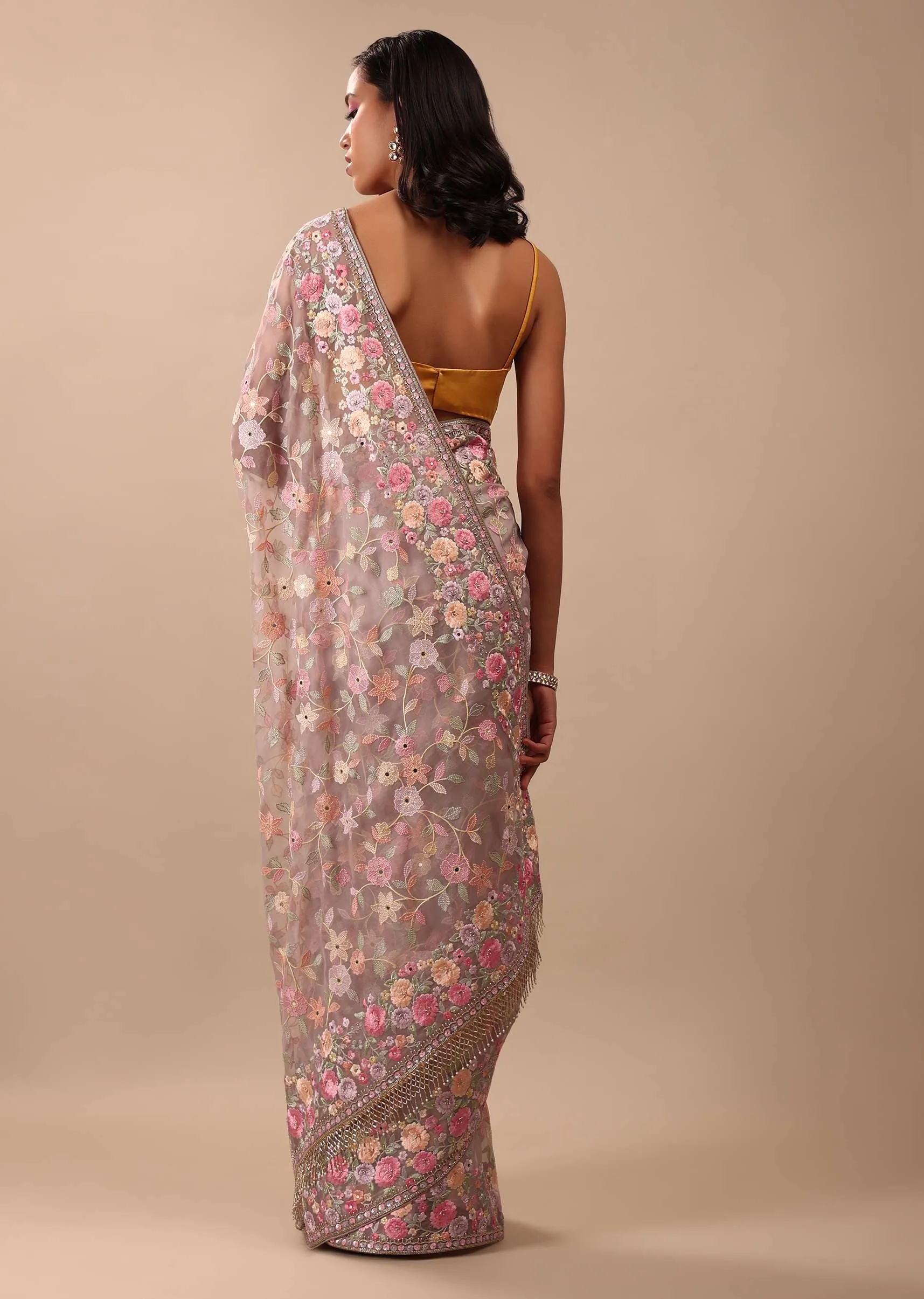 Mauve Purple Saree In Organza With Heavy Embroidery And A Tassel Jaal Pallu