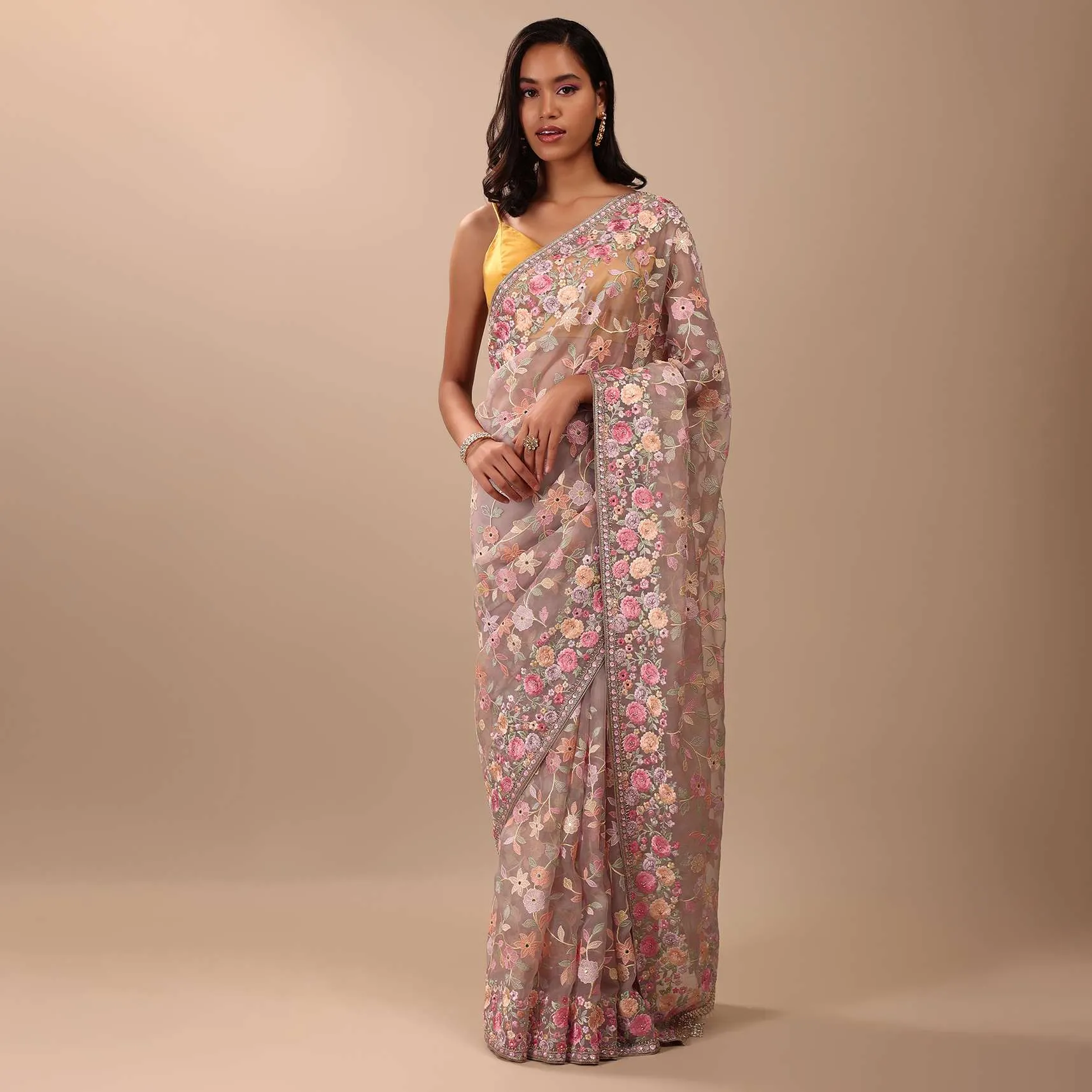 Mauve Purple Saree In Organza With Heavy Embroidery And A Tassel Jaal Pallu