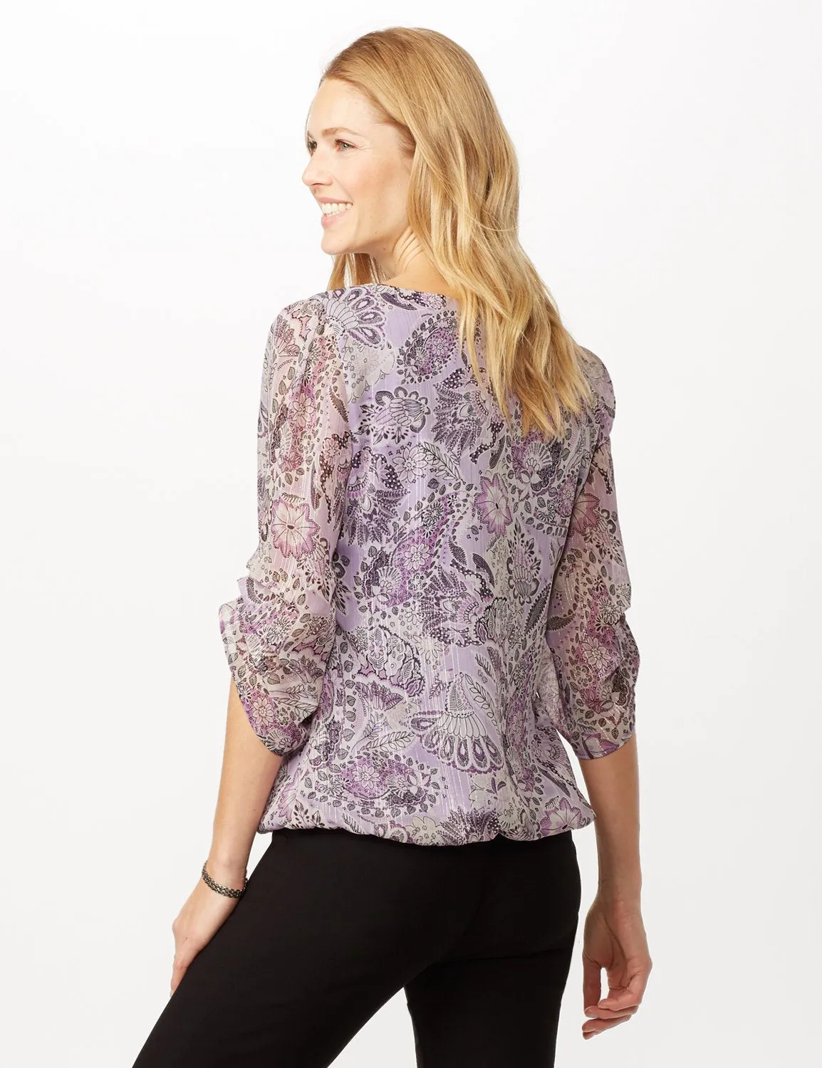 Paisley Floral Bubble Hem Woven Top with Chain Neck Detail
