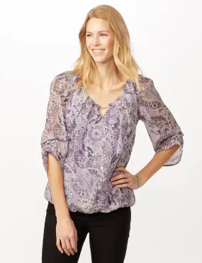 Paisley Floral Bubble Hem Woven Top with Chain Neck Detail