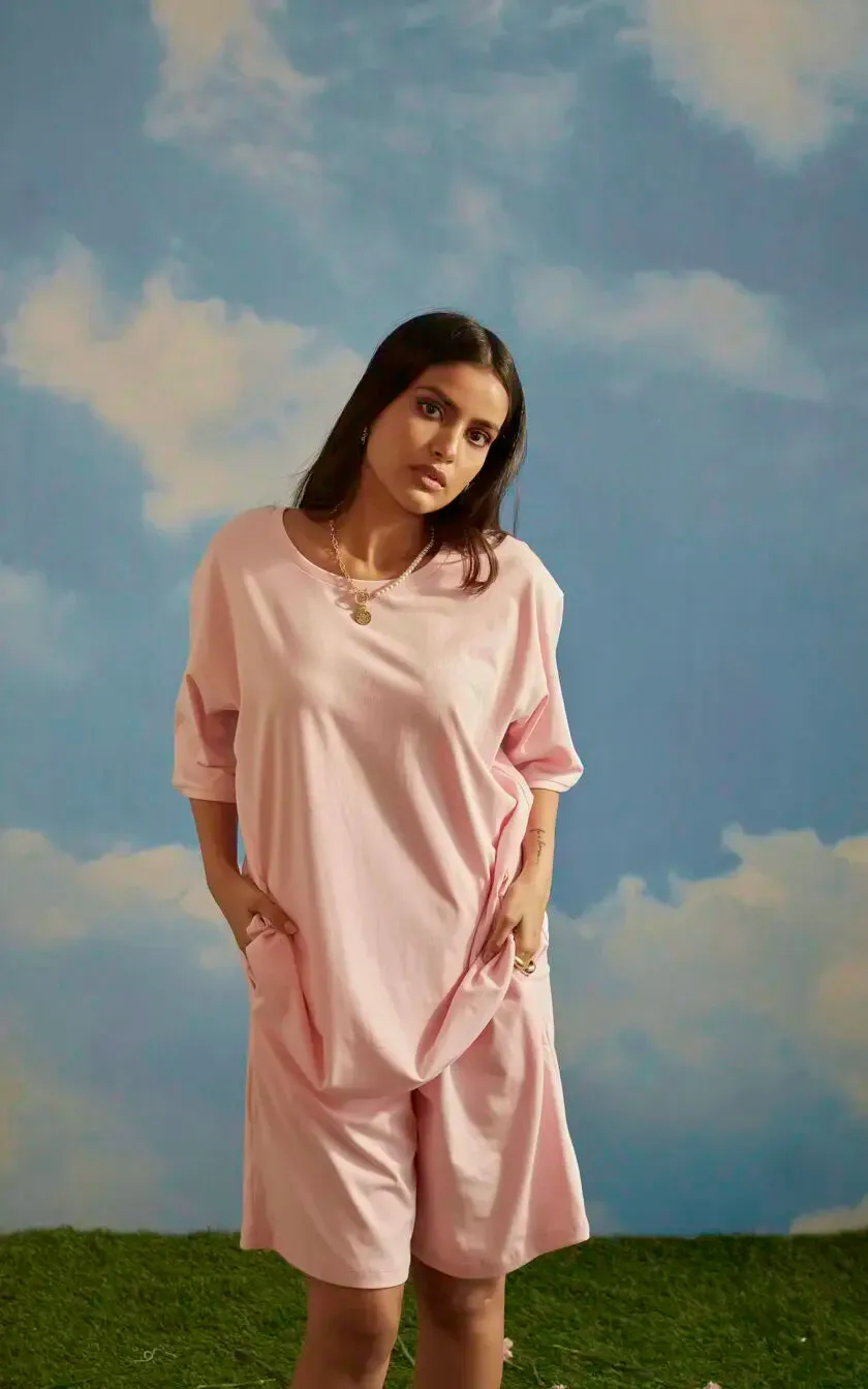 Pink Oversized Printed Round Neck T-Shirt (Good Energy Club)