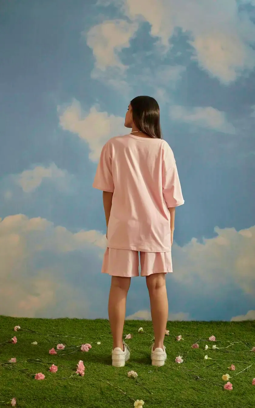 Pink Oversized Printed Round Neck T-Shirt (Good Energy Club)