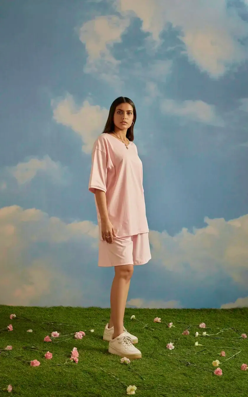 Pink Oversized Printed Round Neck T-Shirt (Good Energy Club)