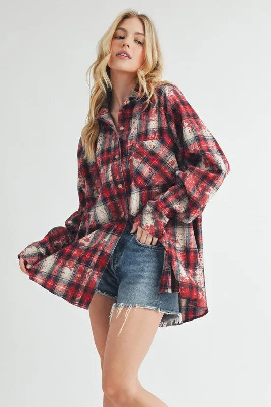 Red Washed Plaid Button-Up Flannel Shirt – Relaxed Fit, Vintage-Inspired