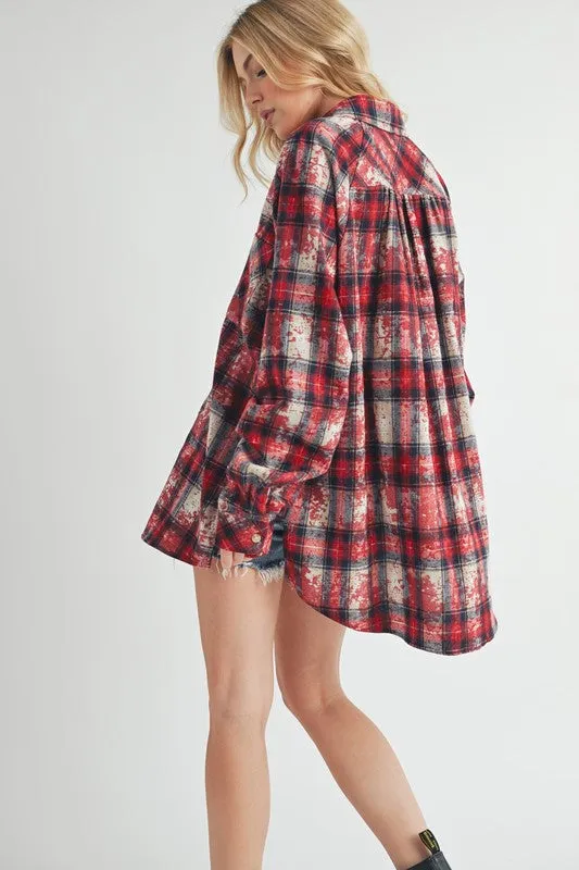 Red Washed Plaid Button-Up Flannel Shirt – Relaxed Fit, Vintage-Inspired