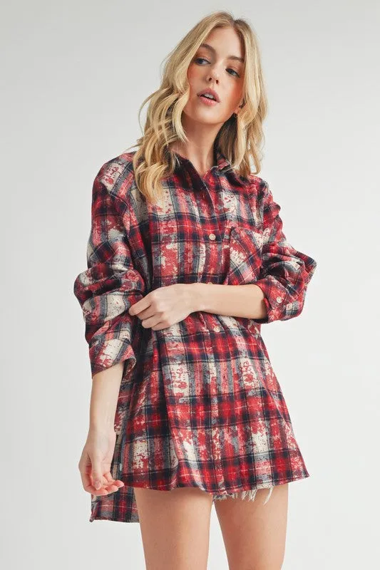 Red Washed Plaid Button-Up Flannel Shirt – Relaxed Fit, Vintage-Inspired