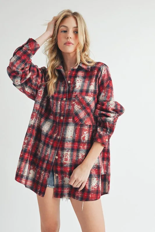 Red Washed Plaid Button-Up Flannel Shirt – Relaxed Fit, Vintage-Inspired