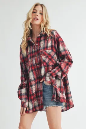 Red Washed Plaid Button-Up Flannel Shirt – Relaxed Fit, Vintage-Inspired