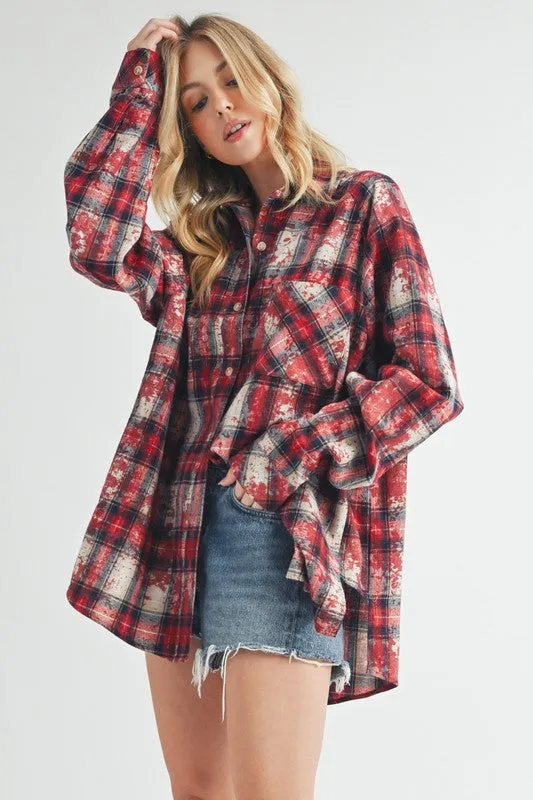 Red Washed Plaid Button-Up Flannel Shirt – Relaxed Fit, Vintage-Inspired