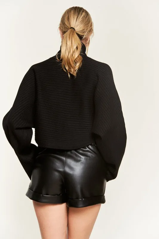 Ribbed Mock Neck Sweater with Wide Sleeves