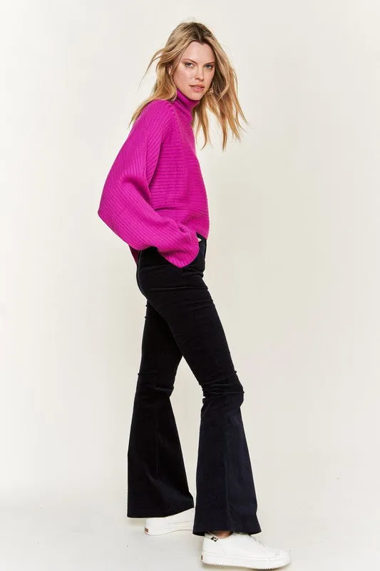 Ribbed Mock Neck Sweater with Wide Sleeves