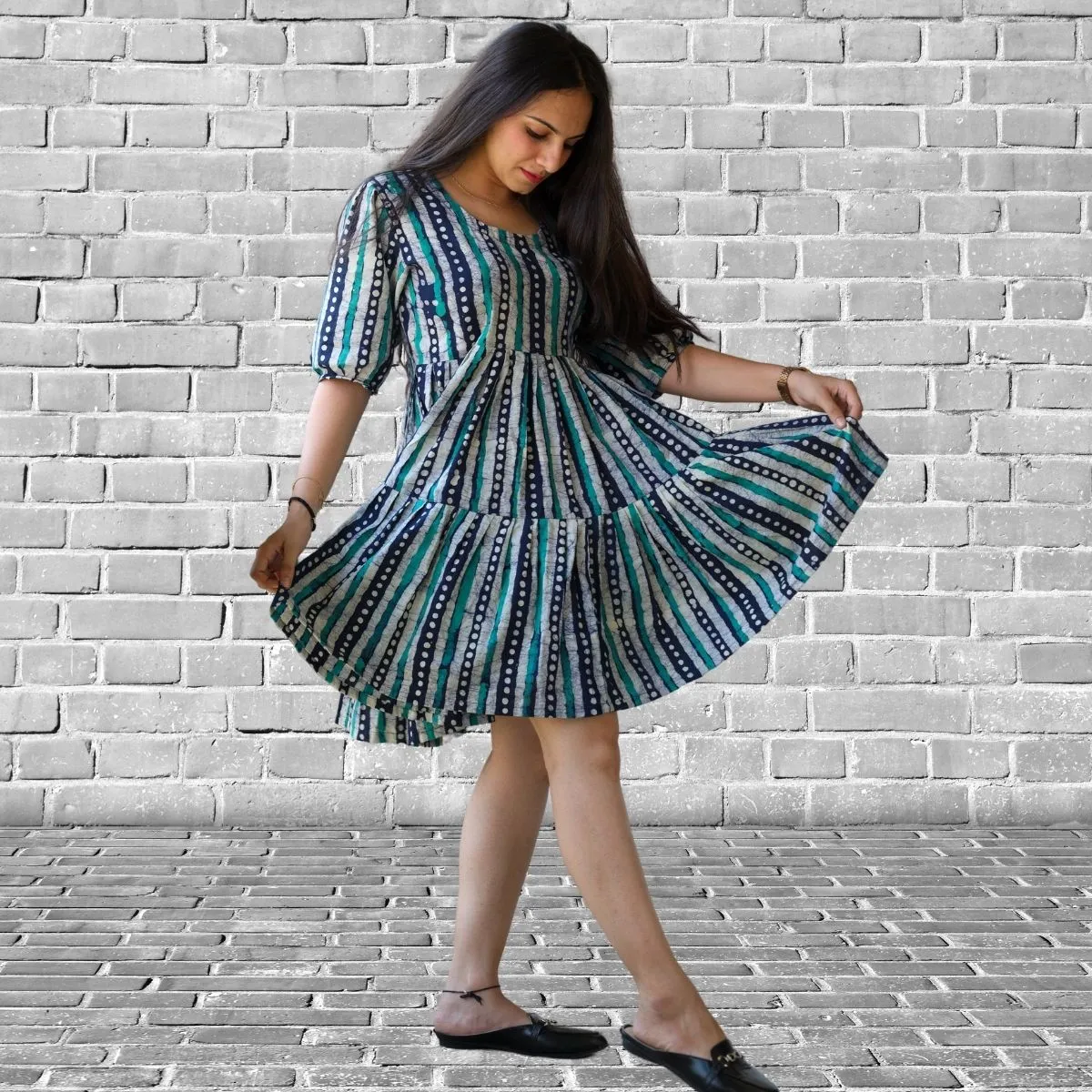 Women Tier Dress | Batik Printed Cotton | Casual Wear | Green Blue Stripe