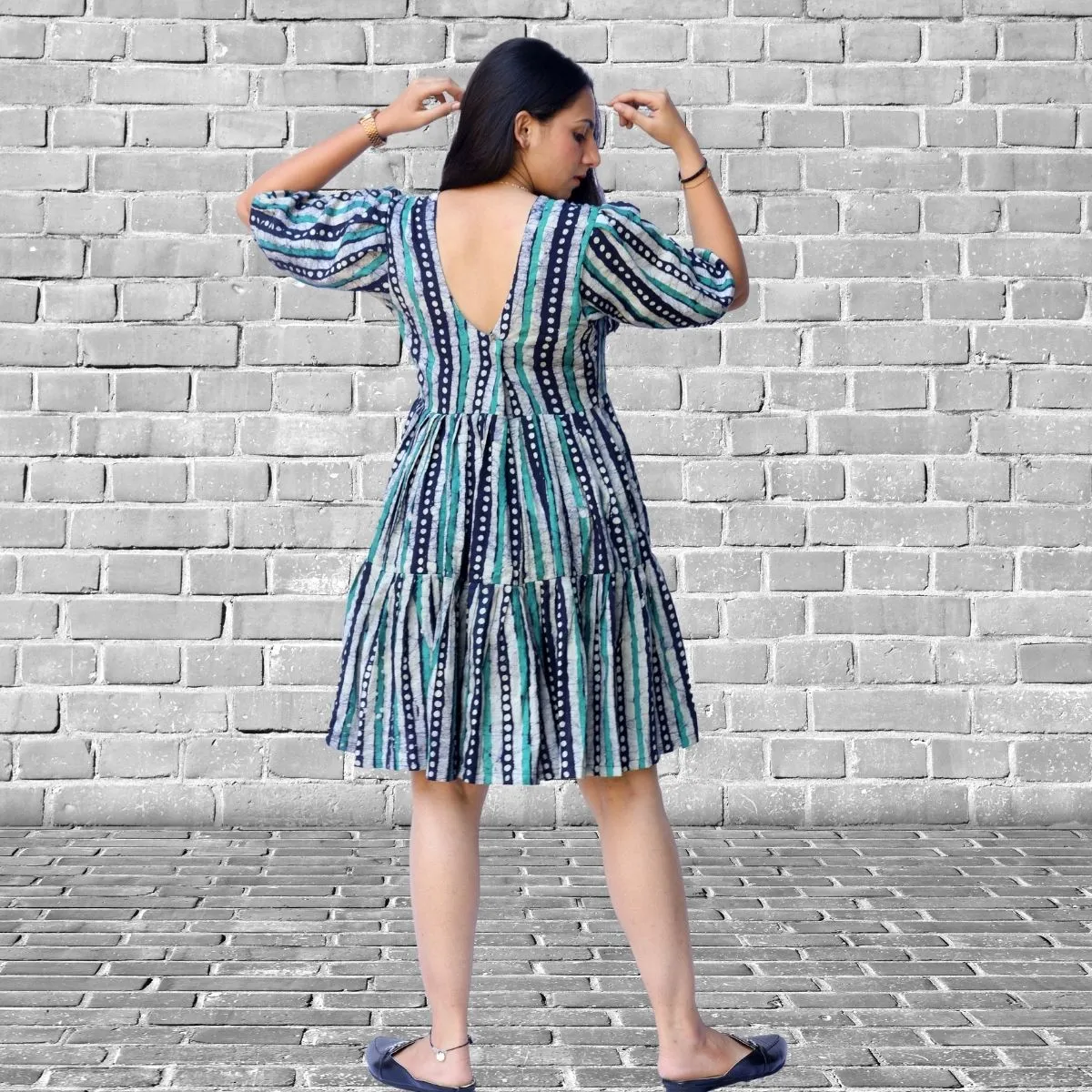 Women Tier Dress | Batik Printed Cotton | Casual Wear | Green Blue Stripe