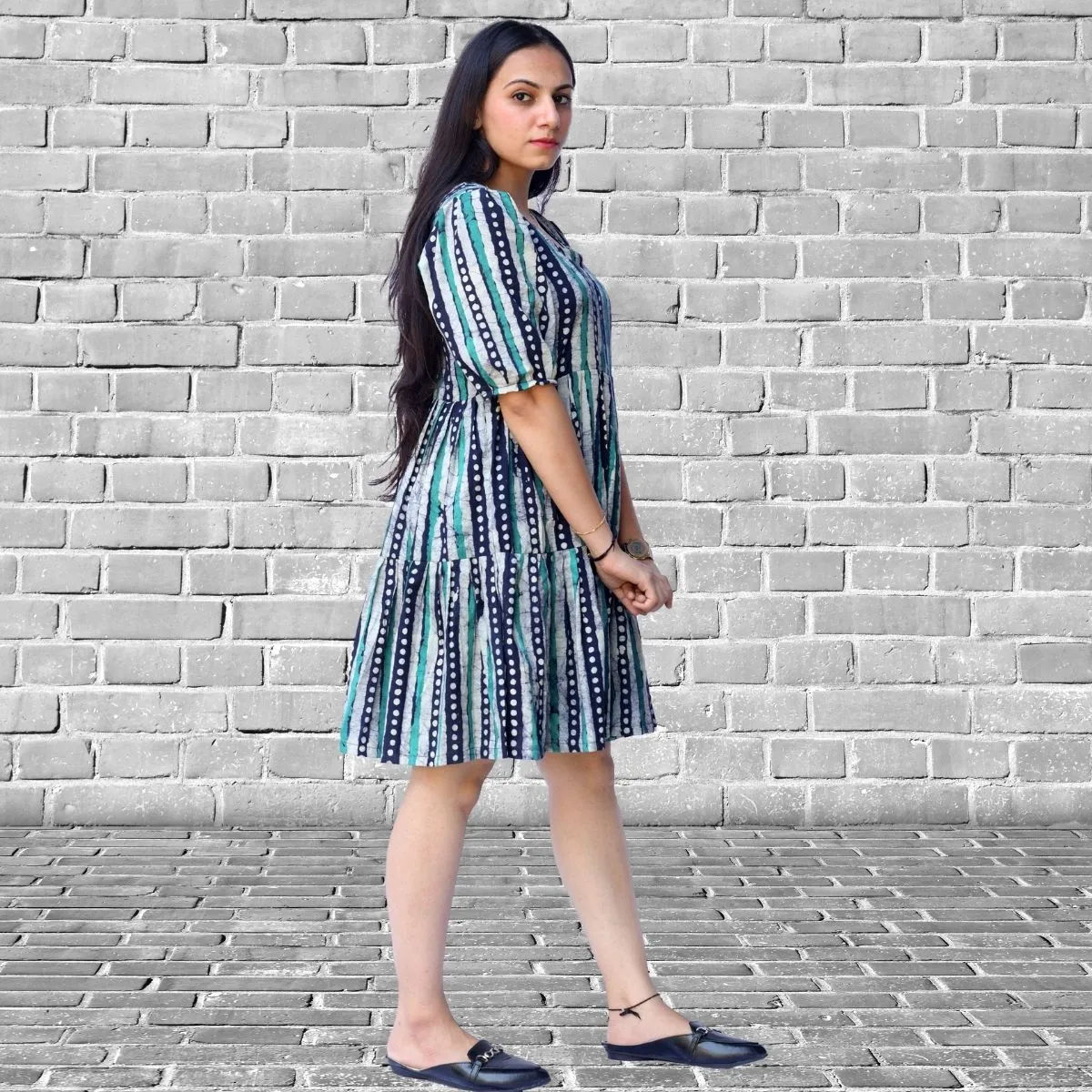 Women Tier Dress | Batik Printed Cotton | Casual Wear | Green Blue Stripe