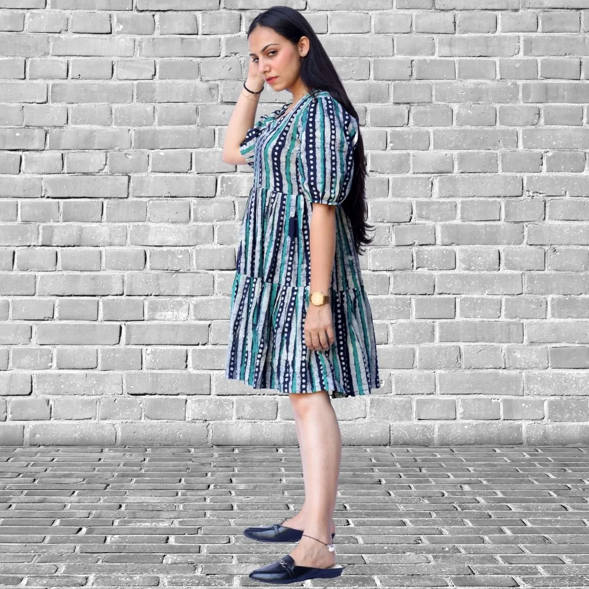 Women Tier Dress | Batik Printed Cotton | Casual Wear | Green Blue Stripe
