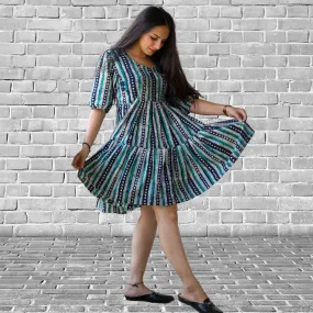 Women Tier Dress | Batik Printed Cotton | Casual Wear | Green Blue Stripe