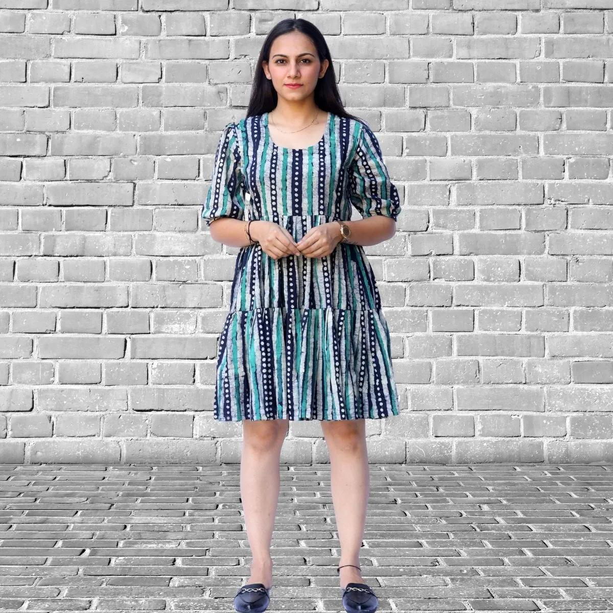 Women Tier Dress | Batik Printed Cotton | Casual Wear | Green Blue Stripe
