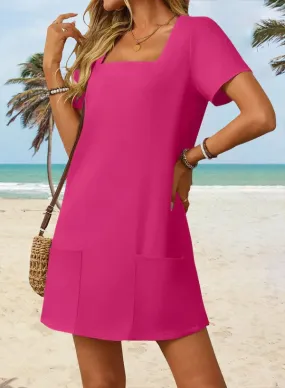 Women's Casual Square Neck Pocket Short Sleeve Dress with Pockets