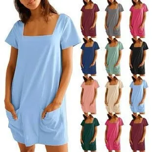 Women's Casual Square Neck Pocket Short Sleeve Dress with Pockets