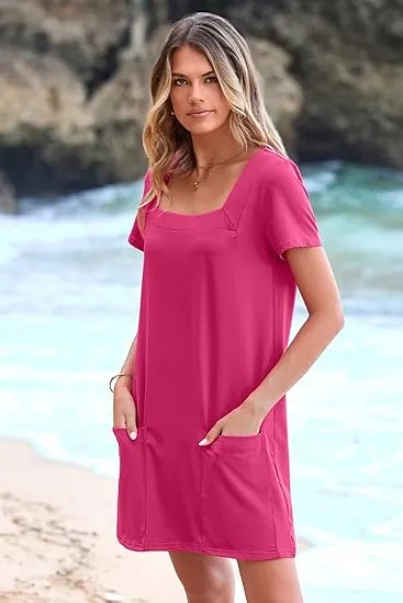 Women's Casual Square Neck Pocket Short Sleeve Dress with Pockets