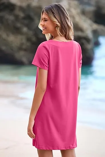 Women's Casual Square Neck Pocket Short Sleeve Dress with Pockets