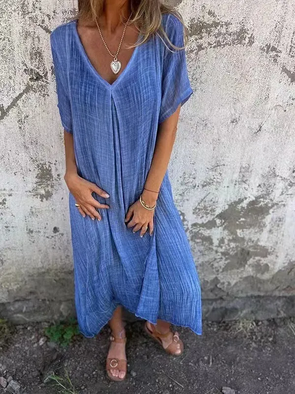 Women's Loose V-neck Cotton Linen Dress