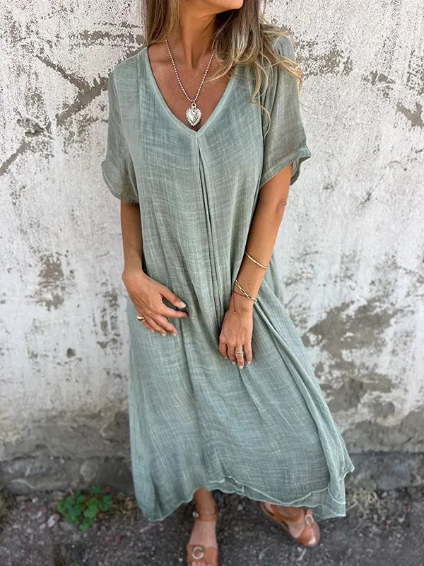 Women's Loose V-neck Cotton Linen Dress