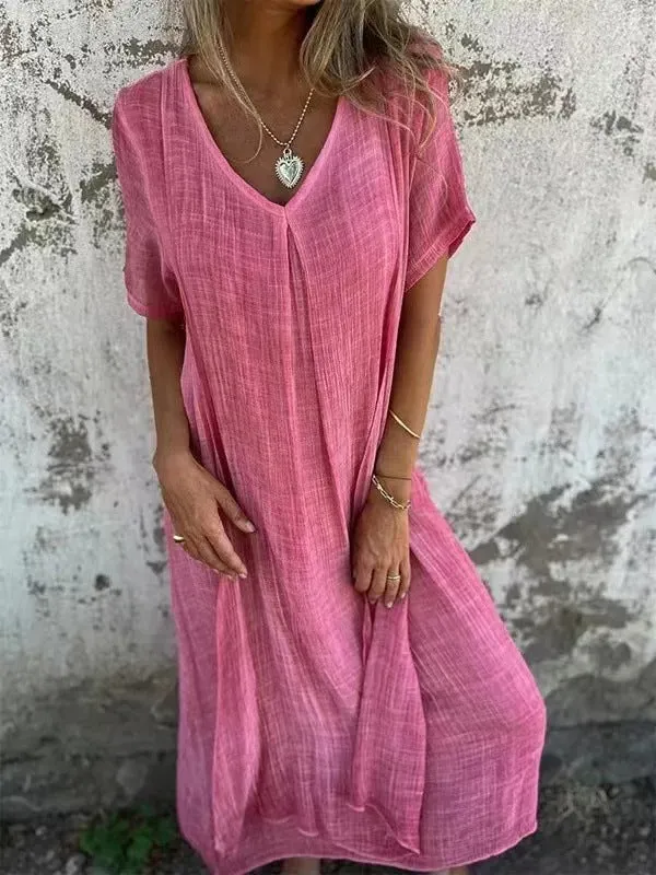 Women's Loose V-neck Cotton Linen Dress
