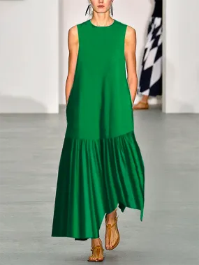 xakxx A-Line Loose Solid Color Split-Joint Round-Neck Maxi Dresses
